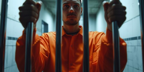 A male prisoner in an orange uniform holds metal bars, and stands in a prison cell, A Guilty criminal or thief serves an imprisonment term for a crime, Inmate in jail, detention center, or correctiona - obrazy, fototapety, plakaty