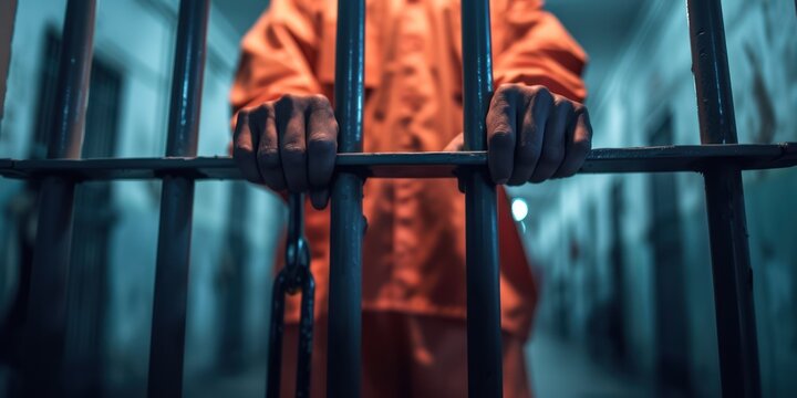 A male prisoner in an orange uniform holds metal bars, and stands in a prison cell, A Guilty criminal or thief serves an imprisonment term for a crime, Inmate in jail, detention center, or correctiona