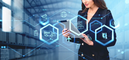 Businesswoman with tablet, warehouse and logistics. Ai generative illustration