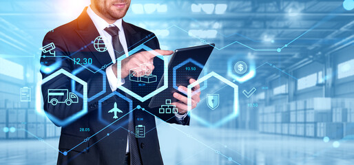 Businessman using tablet, warehouse and delivery. Ai generative illustration