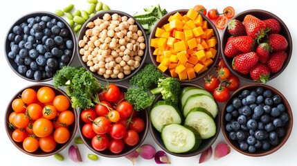 Assorted Bowls of Fresh Fruits and Vegetables. Various bowls filled with healthy fresh fruits and vegetables including tomatoes, blueberries, and chickpeas on a white background. AI