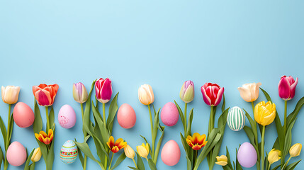 Happy Easter concept border made of tulips spring flowers and colorful Easter eggs on light blue background