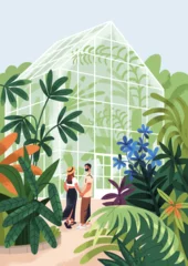 Fotobehang Lengtemeter Couple in botanical garden, greenhouse. Man and woman on date in green house, conservatory with leaf foliage plants, flowers. People in love, walking in nature, park. Flat vector illustration