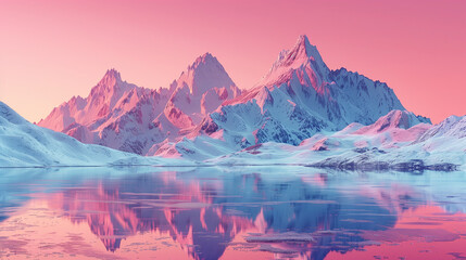 A breathtaking view of majestic snowy mountains under a soft pink and blue sunrise sky, resembling a cotton candy landscape. Snowy peaks at sunrise, the snow reflecting the pink sky.