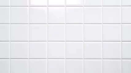 Deurstickers White rectangle mosaic tiles texture background. Classic white metro tile. Long wide picture. © Larissa