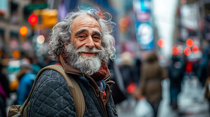 Cheerful senior man with a thick gray beard and joyful expression on a vibrant city street.