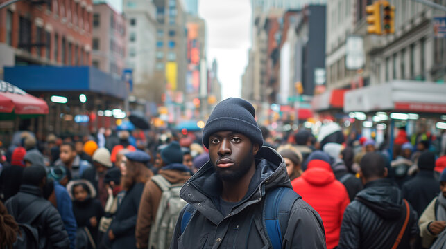Focused young African American man wearing a beanie stands out in a bustling city crowd.