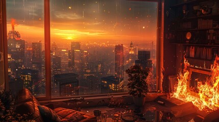 A cozy room with a grand window overlooking the bustling city, warmed by the heat of a fireplace, surrounded by towering skyscrapers and the mesmerizing glow of a fire