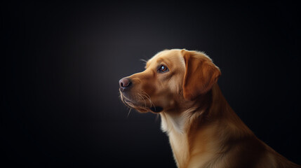 Set against a dark background, a Labrador Retriever dog, with its glossy coat and soulful eyes, appears deep in contemplation, exuding an aura of calmness and intelligence. - obrazy, fototapety, plakaty
