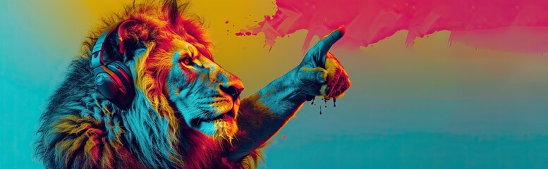 A lion wearing headphones against a bright background shows a place for text with his finger. Generated AI