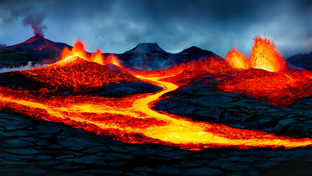 Volcanic Eruption -with molten magma and flowing lava.