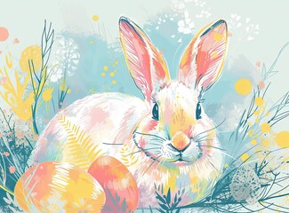 Bunny and butterfly in nature rabbit sits among flowers, butterfly flies in blue sky. Generated AI