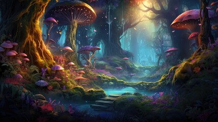 Enchanted forest landscape with mystical mushrooms at twilight. Fantasy world.