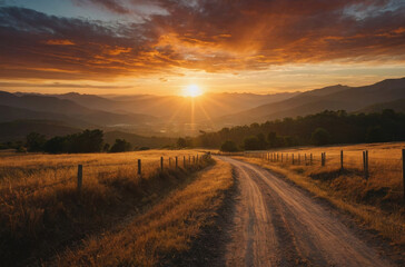 sunset in the mountains and dirt road