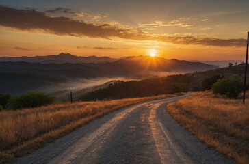 sunset in the mountains and dirt road