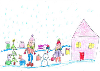 Child drawing. Children play with snow outside christmas tree.Vacation, holiday, New year, Christmas