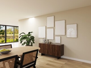 six vertical frames mockup in japandi dining room. 6 blank posters mock up in wabi sabi interior, gallery wall set. 3D illustration