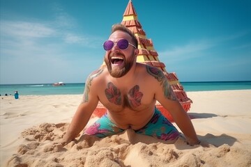 Happy man in sunglasses on the beach with a pyramid in the background