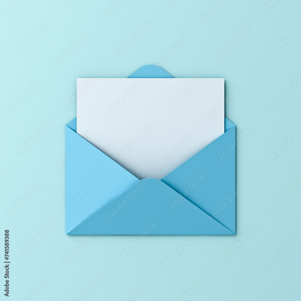 Poster blank white paper note card in blue envelope isolated on blue pastel color or cyan background with s