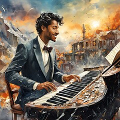 Pianist in a suit playing on a war zone destructed by bombs  