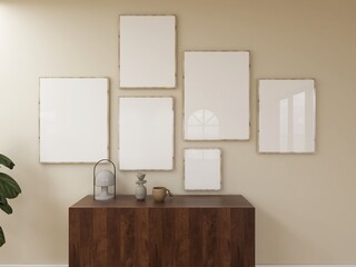 six vertical frames mockup, gallery wall art set. 6 blank posters mock up in japandi living room, modern interior. 3D illustration