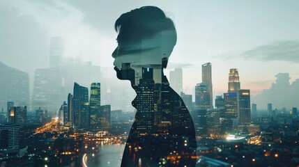 The double exposure image of the business man standing back during sunset overlay with cityscape image, The concept of modern life, business, city life and internet of things, generative ai