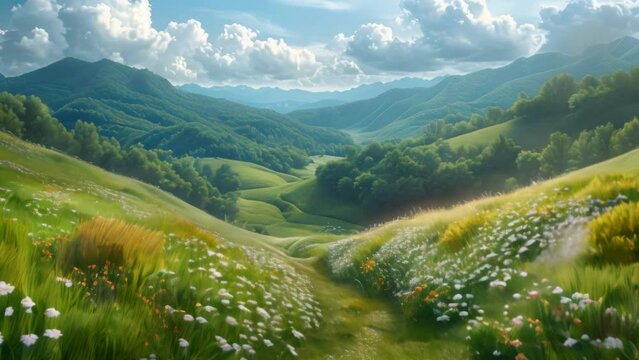 A Painting of a Green Valley With White Flowers