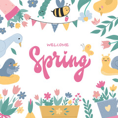 Welcome Spring lettering quote with frame of doodles for cards, posters, invitations, banners, templates, etc. EPS 10