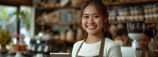 filipino waitress holding a tablet, smiling, setting is in a coffee shop small business concept - obrazy, fototapety, plakaty