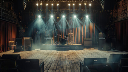 Installation shot: A studio for music rehearsals in a loft with a drum kit in the middle. Stylish interior