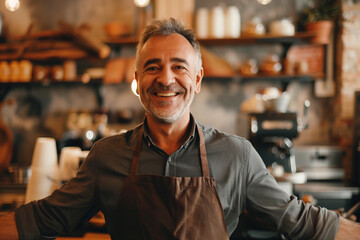 Coffee shop owner smiling with open arms to welcome the customer small business concept - Powered by Adobe