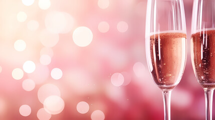 Champagne glass with bubbles standing against blurred cool bokeh background
