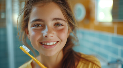 A little girl brushing her teeth in a bathroom at home. 