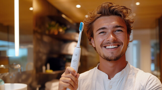 Portrait of a young man brushing his teeth in a home bathroom.
