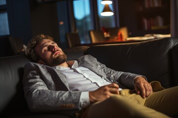 Fatigued. Businessman in Suit Dozes Off on Couch - obrazy, fototapety, plakaty
