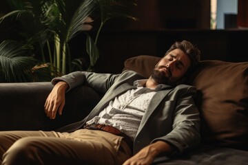 Obraz premium Exhausted. Businessman in Suit Falls Asleep on Sofa