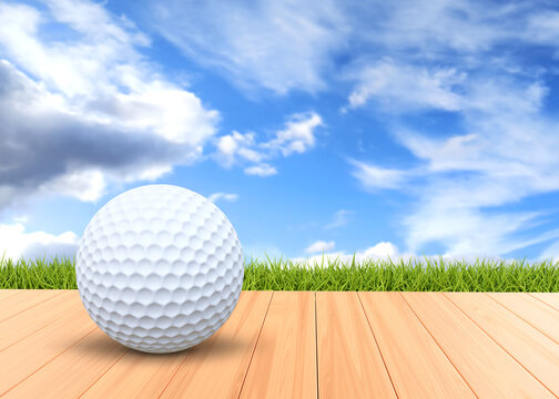 The golf ball on wood floor on background with grass and sky. 3d-rendering
