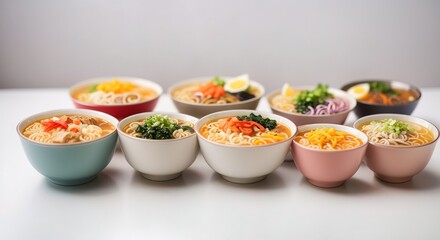Ramen in a neat row on a white background