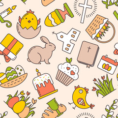 Seamless Pattern of Linear Easter Icons and Spring Holiday Elements. American Church, Easter Cake Kulich, Bunny, Colored Eggs, Christianity Bible, Flip Calendar, Cupcake, Baby Chicken and Eggshell