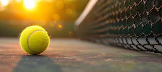 Vibrant yellow tennis ball soaring into tennis net on dark background with copy space