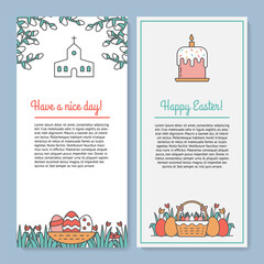 Set of Easter Elements for Templates of Banner, Mail Letterhead, Newsletter, Layout, Web Design with Copyspace. Pussy Willow, American Church, Eggs with Patterns, Easter Cake Kulich, Basket with Grass