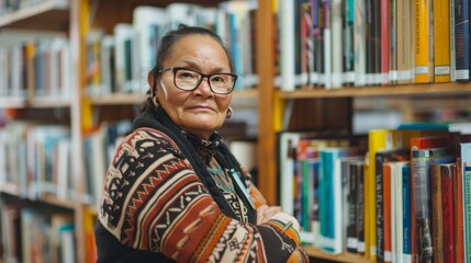 A book-loving woman stands confidently in a public library, her arms crossed over her chest as she gazes at the shelves of books through her stylish glasses