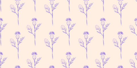 Seamless pattern burdock flowers. Summer background. Packaging design, textiles in retro rustic style. Vector illustration