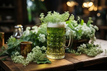 Bright green beer and easter celebration concept with festive decorations in vibrant colors