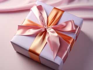 A top view of a pink gift box on a pastel-colored background. 