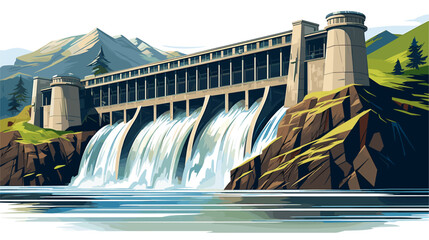 Abstract hydroelectric dam producing green energy. simple Vector art - obrazy, fototapety, plakaty