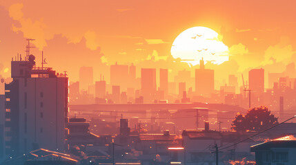 幻想的な風景の都市に沈む夕日