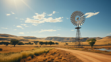 Windmills stand tall in the middle of a meadow, perfectly contrasting with the blue sky.