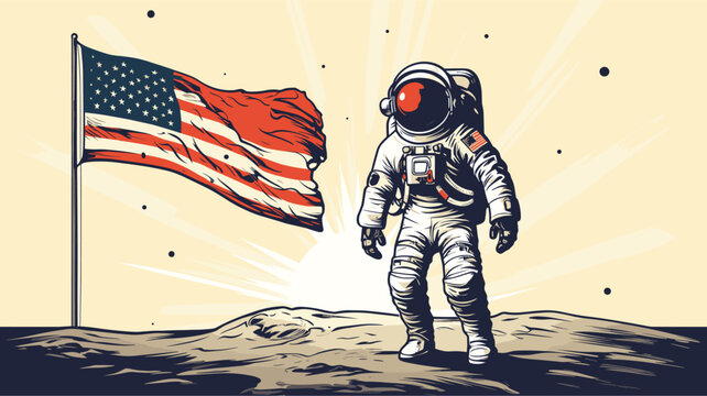 Abstract astronaut with a vintage flag on an alien planet. simple Vector art