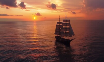 Fototapeta premium Sailing ship goes to the open sea in the evening. The sun shines over a sailing ship in the ocean bay. Boat trip through beautiful seascapes.